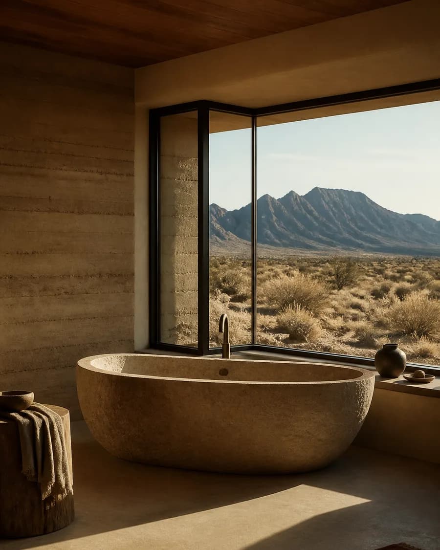 A freestanding stone bathtub placed before a corner window with a long ridge beyond