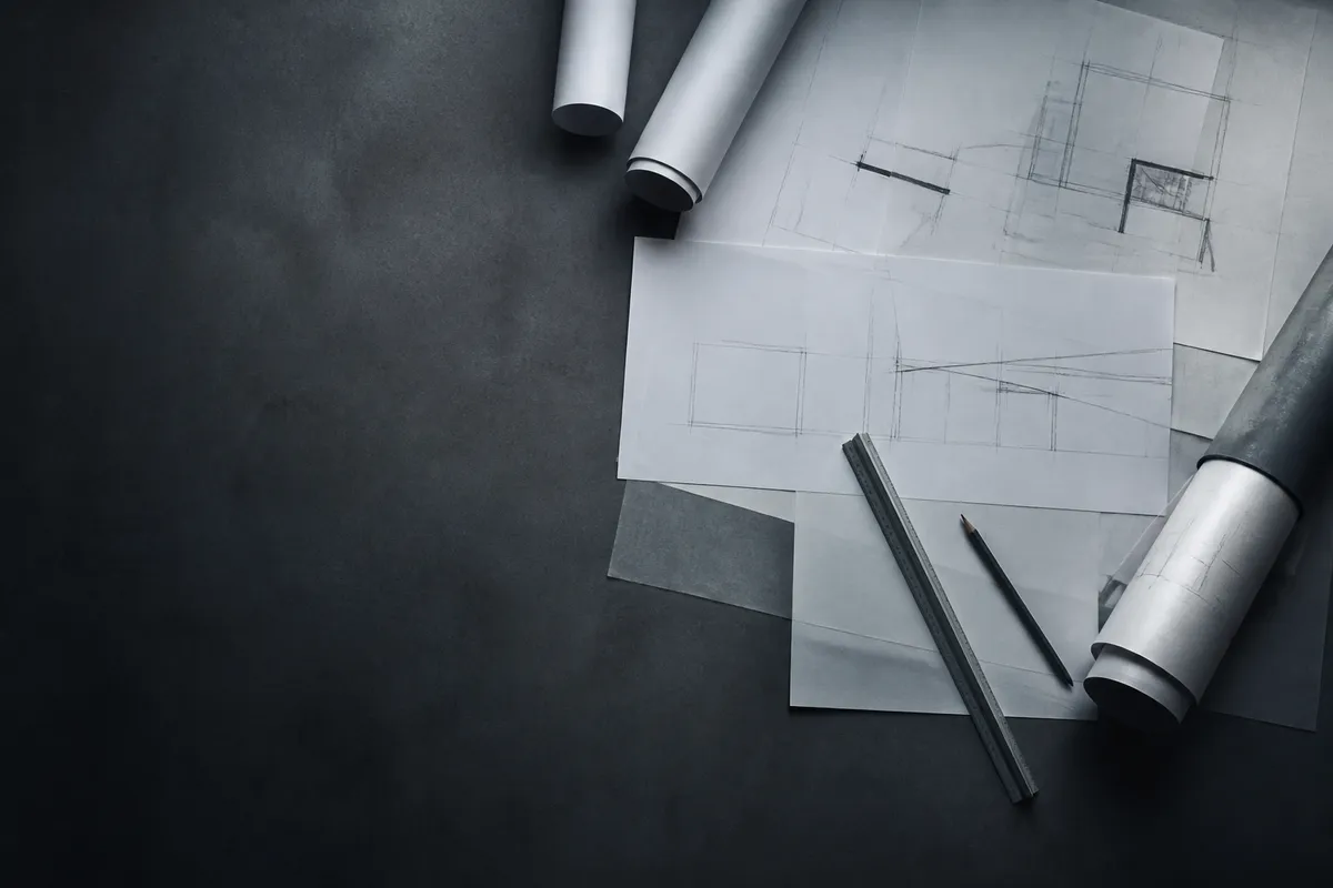 A studio drawing table seen from above with rolled drawings, a scale rule and a pencil