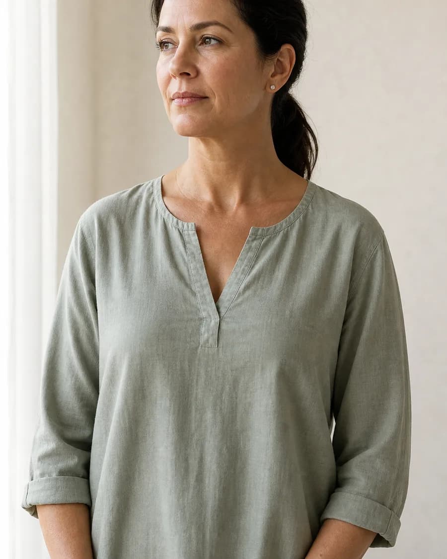 A portrait of a woman with dark hair tied back, in a sage tunic
