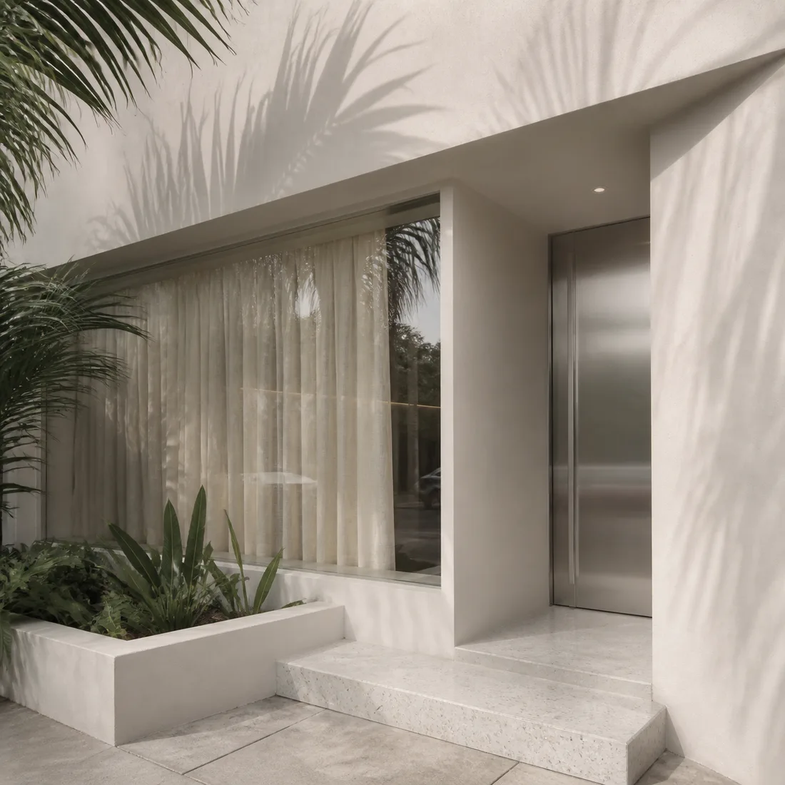 A studio front with terrazzo step and palm shadow