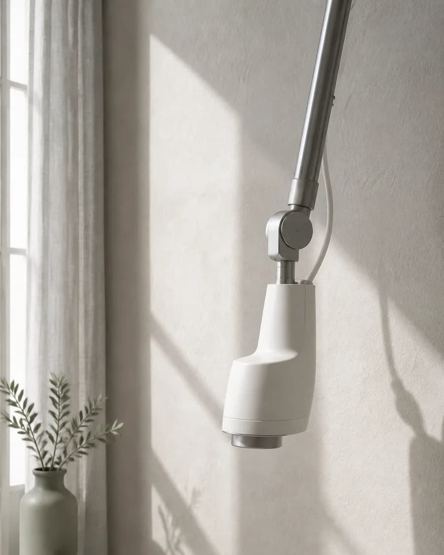 A skin treatment device on an articulated arm against a pale plaster wall