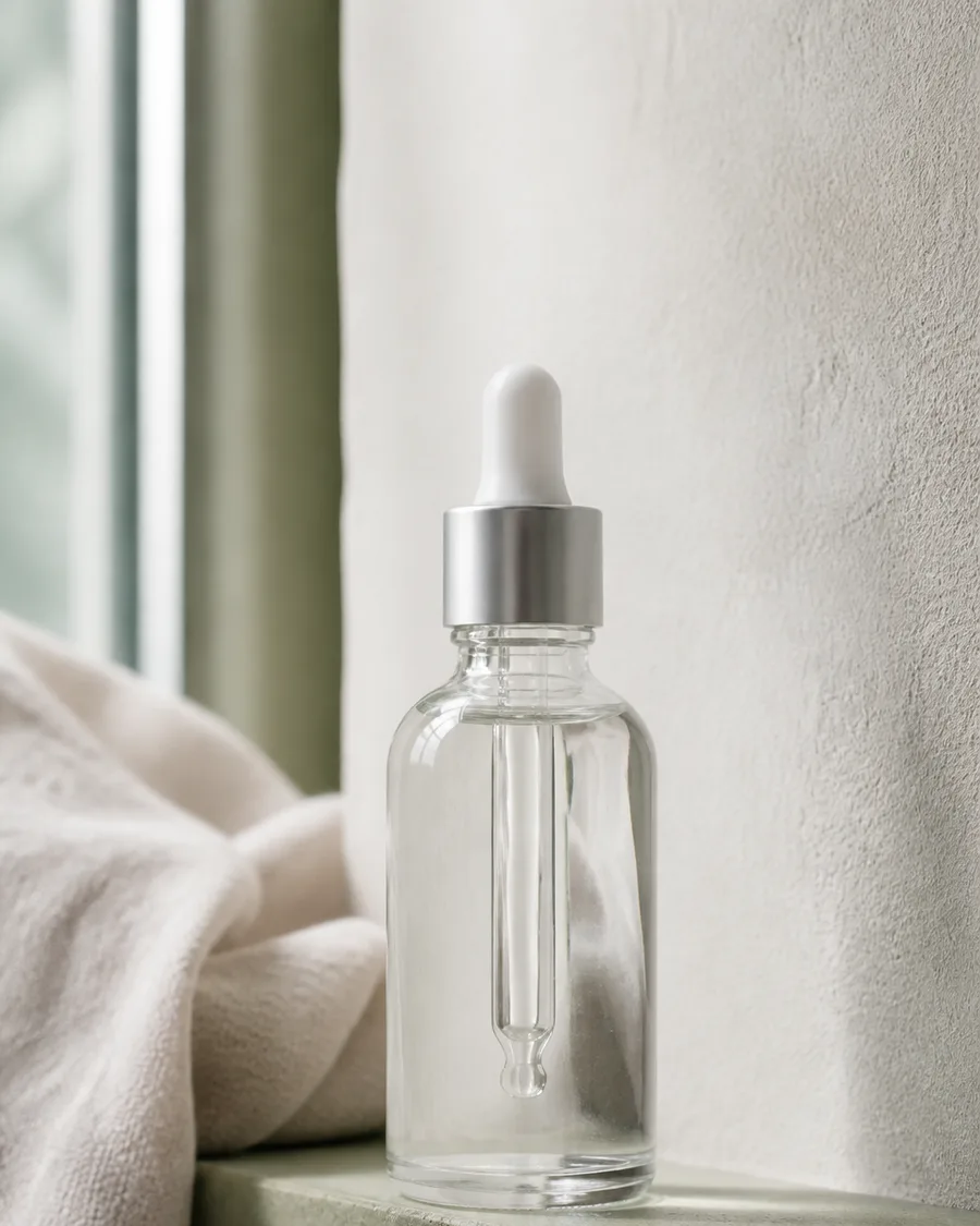 A clear glass bottle of serum on a pale sage stone shelf