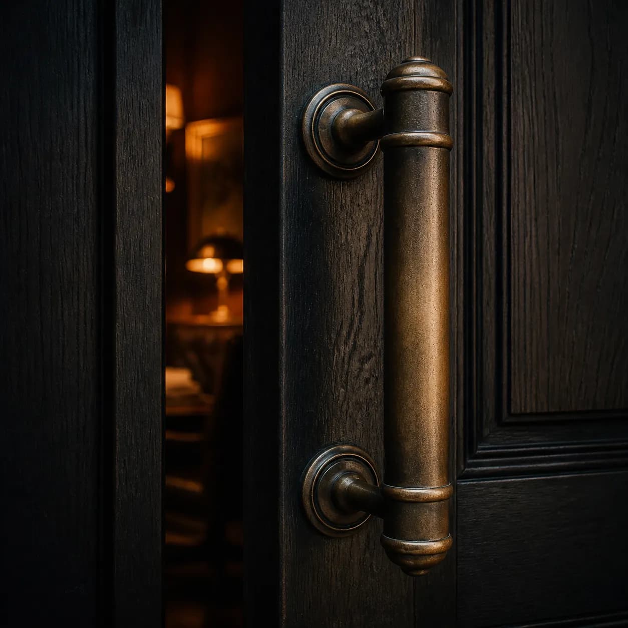 A heavy bronze door pull on a dark oak entrance door, warm light seeping through the gap