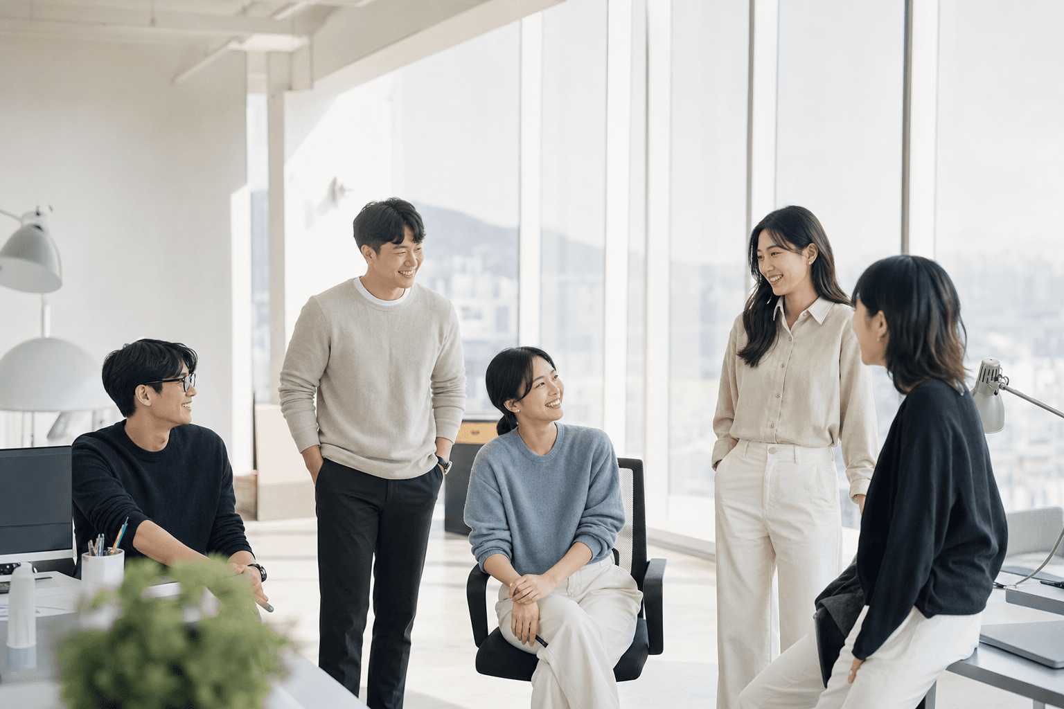 룸워크 팀이 함께 일하는 밝은 오피스 (데모 이미지)