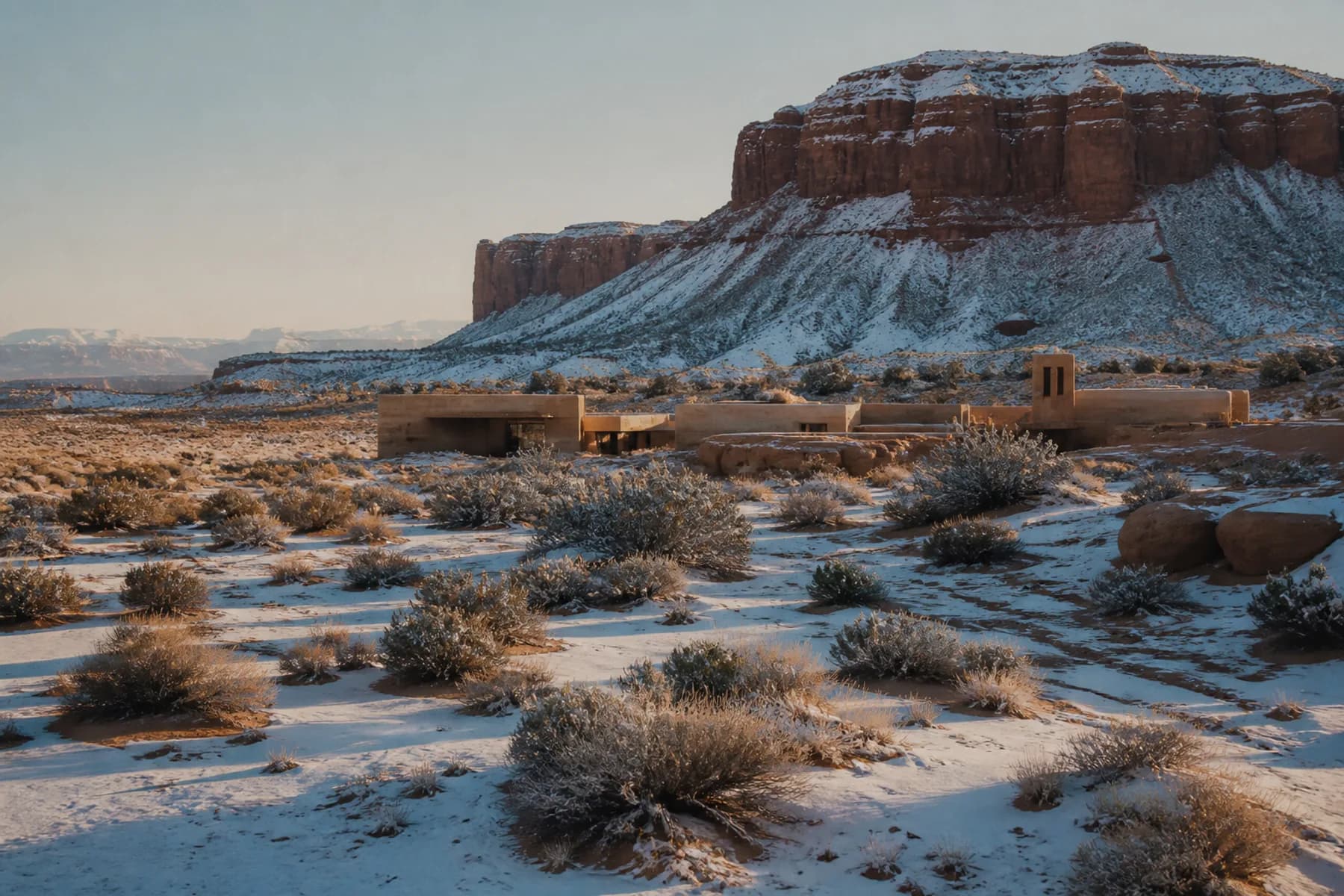 Thin snow on the top of a red mesa under a low pale sun, sagebrush casting long blue shadows