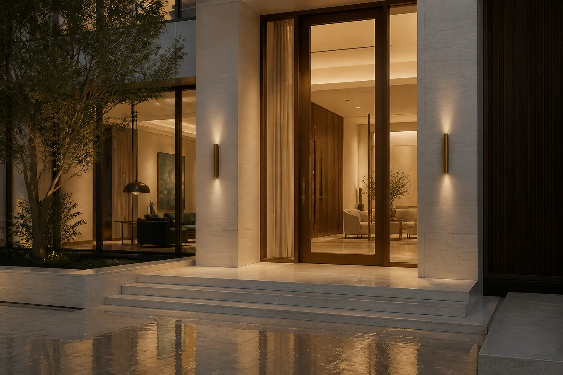 A townhouse entry at dusk, a heavy door ajar and lamp light on stone steps