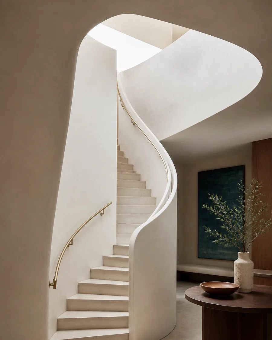 A curving marble staircase with a bronze handrail under a high lantern window