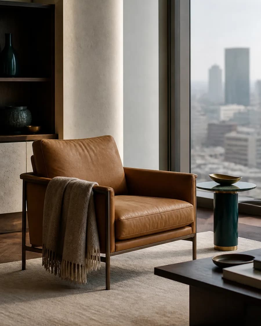 A leather wing chair by a fireplace with a folded wool blanket over its arm