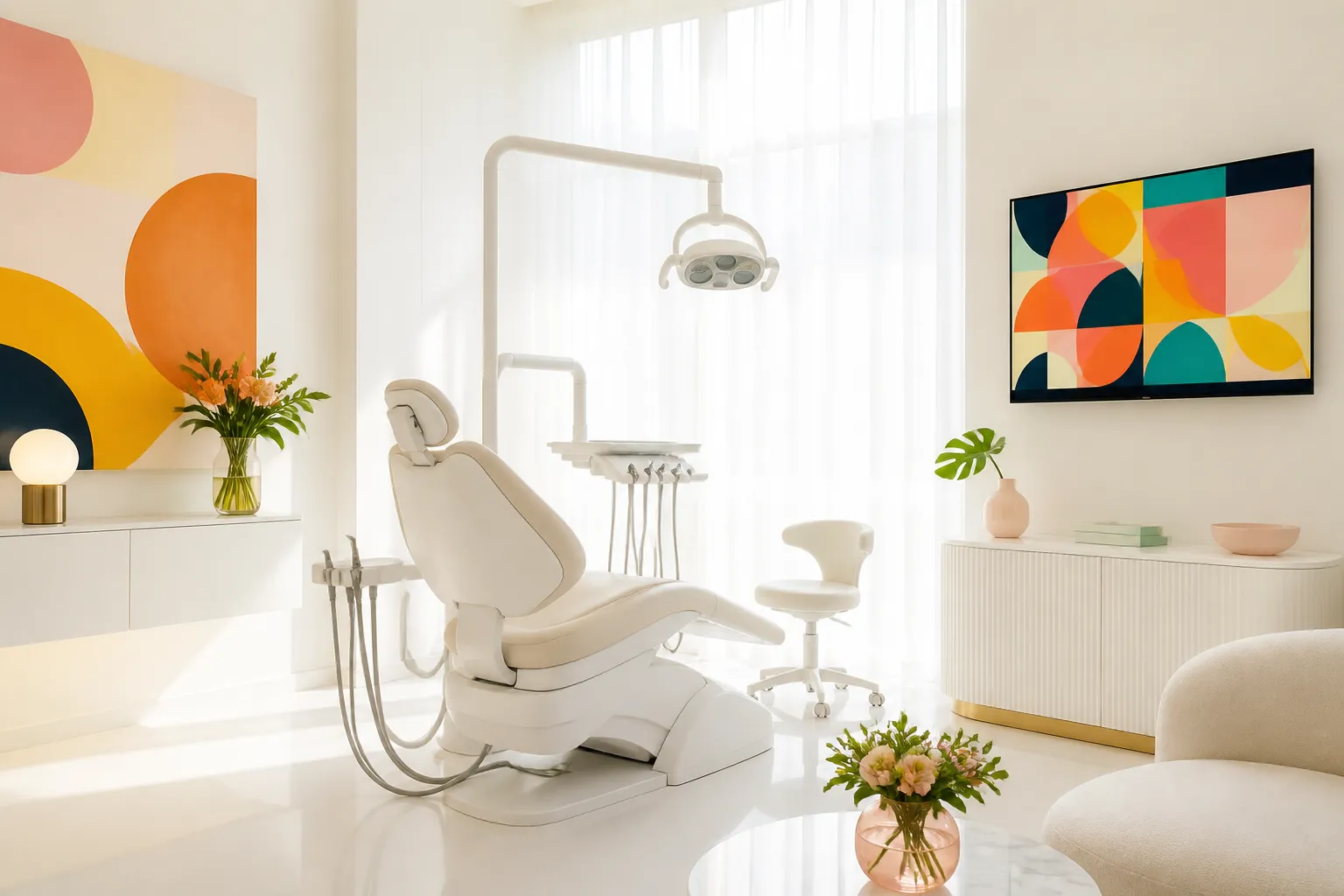 A white dental chair by a tall window with sheer curtains