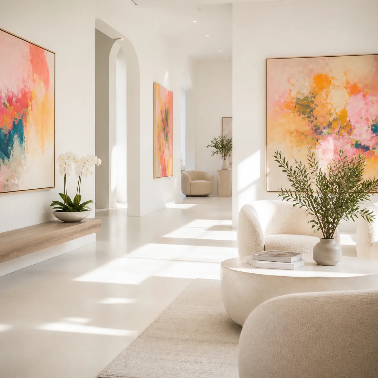 A pastel lounge corner: an orchid on a low table, two abstract prints, and a bouclé chair.