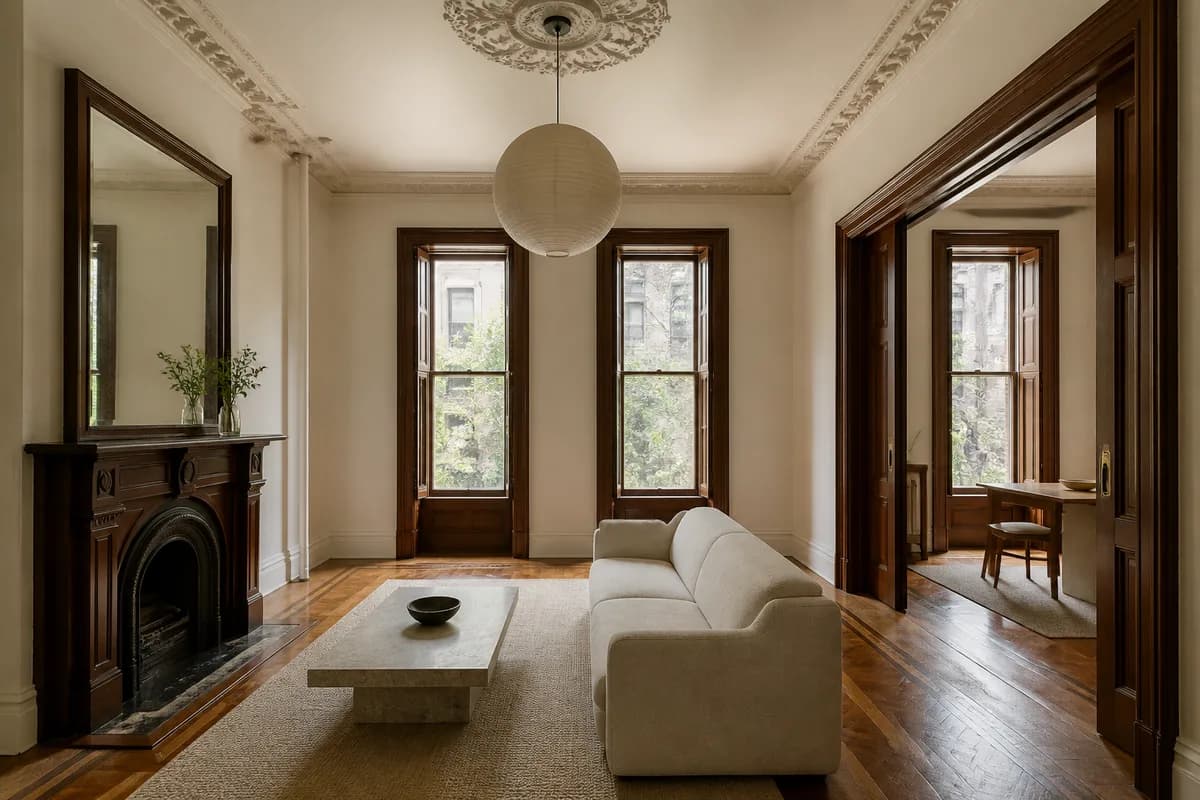 The parlour floor of a restored Bedford-Stuyvesant limestone row house with a carved mantel and pocket doors