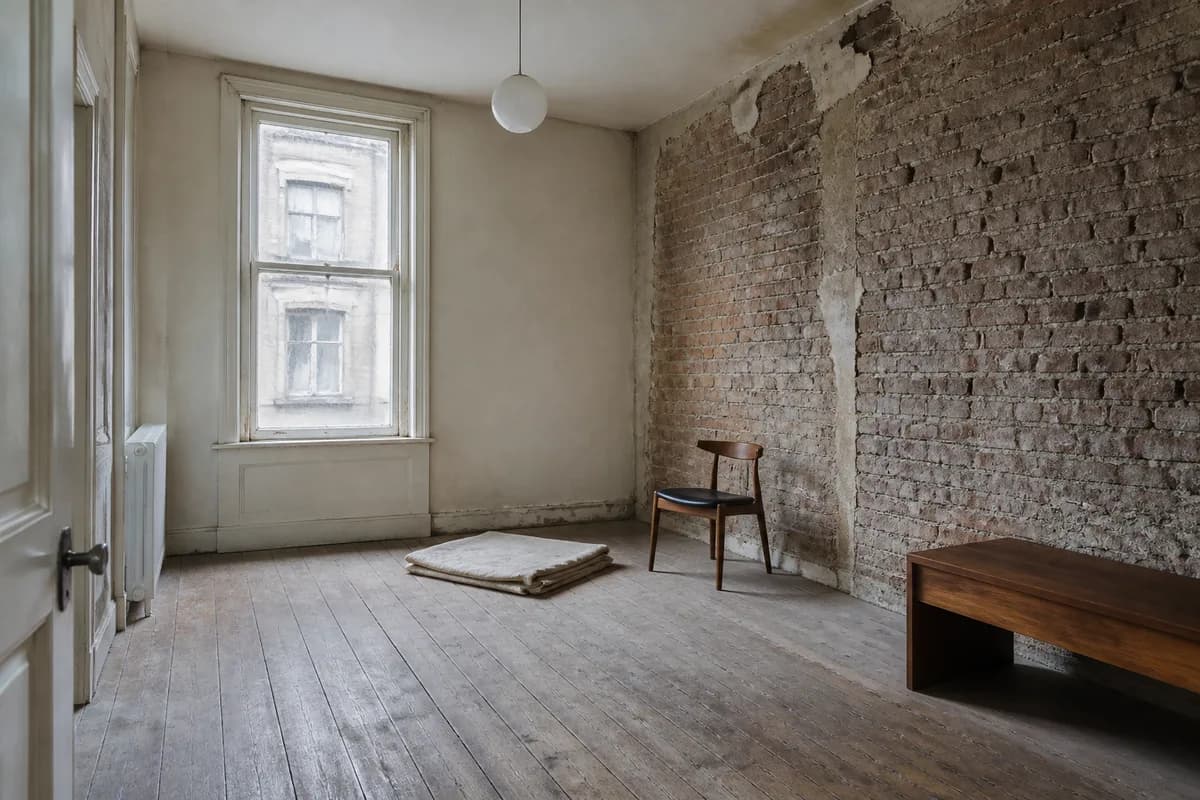 An empty New York apartment mid-renovation with plaster stripped to brick and one tall window with old glass
