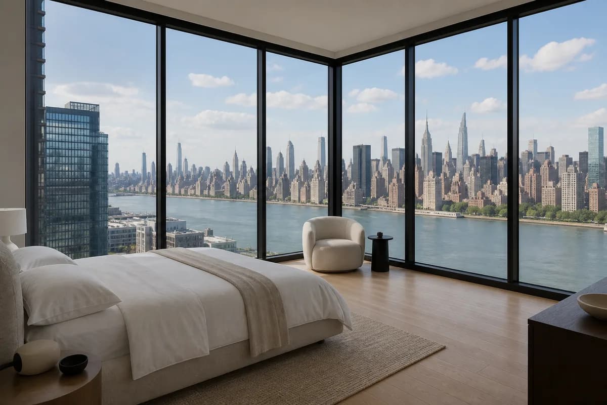 A Long Island City condominium bedroom with corner floor-to-ceiling glass looking across the East River to Manhattan