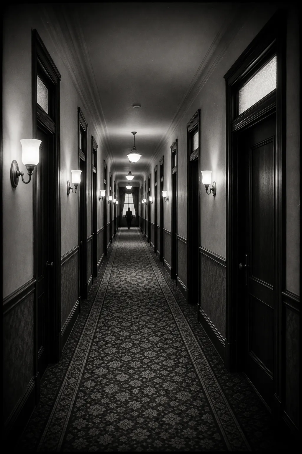 An archival photograph of a long corridor with transom windows above every dark door, a patterned runner and glowing wall sconces.