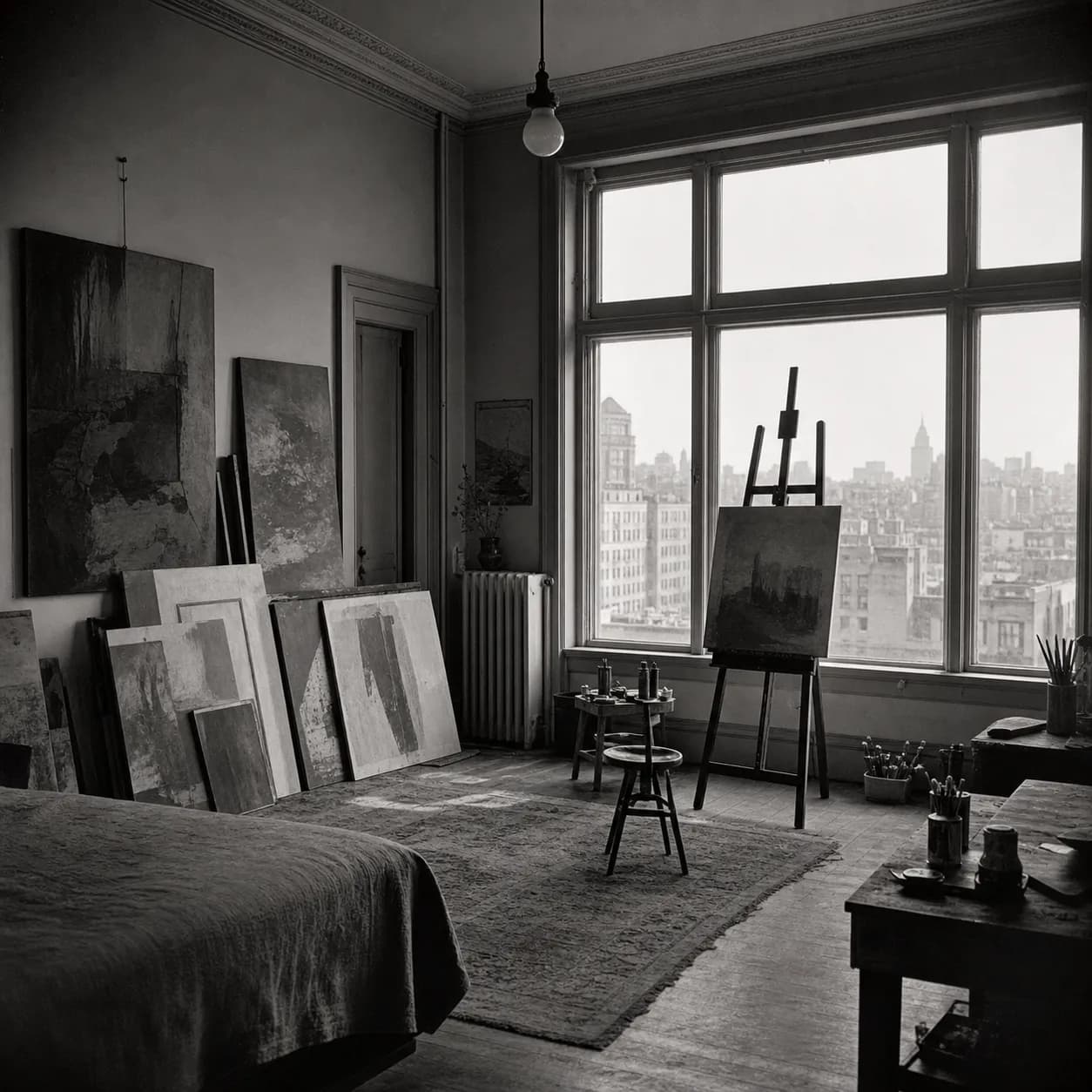 An archival photograph of a top-floor room used as a studio: canvases against the wall, an easel by the tall window, north light flooding in.