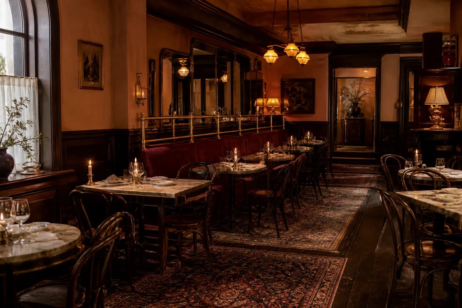 The dining room in the evening: dark timber wainscot, marble tables, bentwood chairs and lit candles.