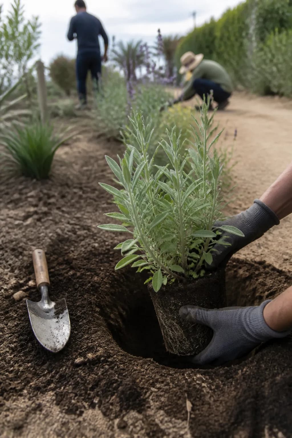 Gloved hands lowering a one-gallon sage into a freshly dug hole, a hand trowel resting beside it.