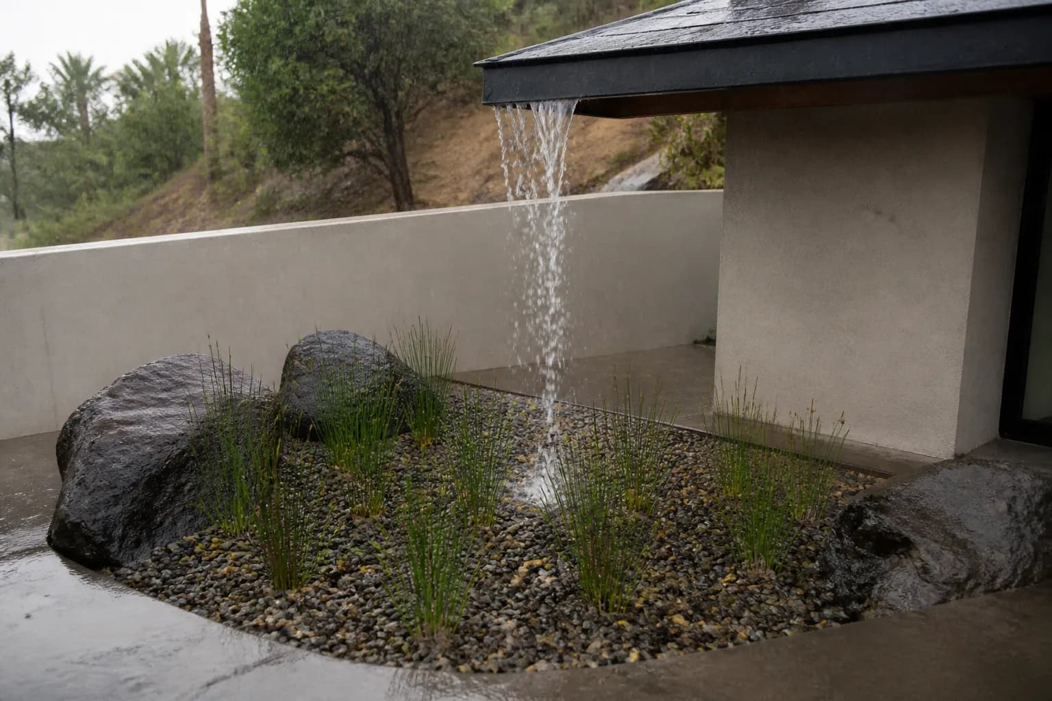 Rain running off a roof into a gravel basin planted with rushes, the wet stones darkened.