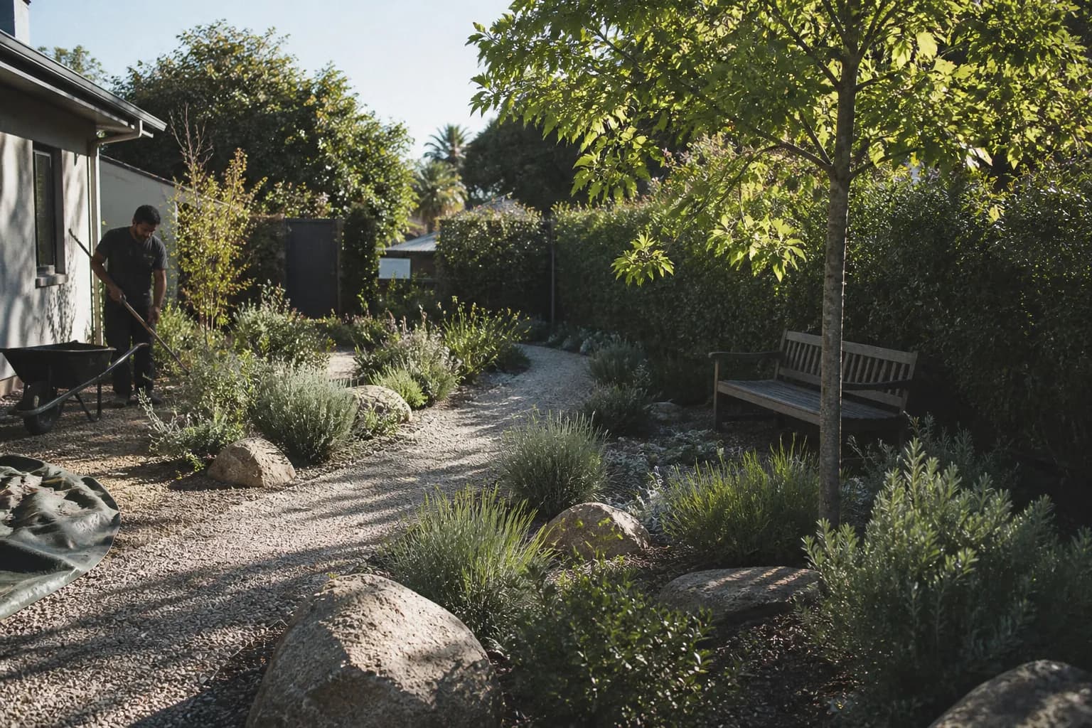 A gravel garden with native drifts and a curving path where a dry lawn used to be.
