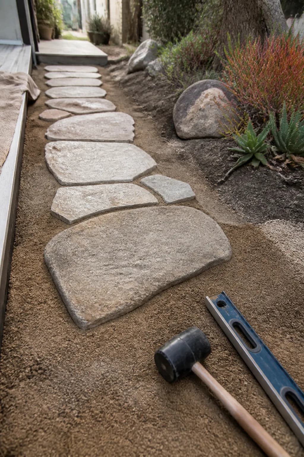 A flagstone path being set into decomposed granite with a rubber mallet and level beside the last stone.
