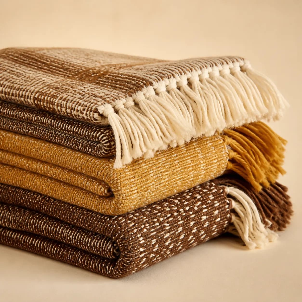 A folded stack of handwoven wool throws in umber, ochre and cream with fringed edges.