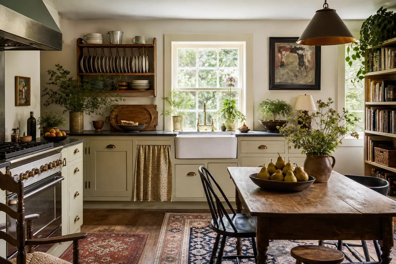 The farmhouse kitchen: an apron sink under a garden window, an open plate rack and a scrubbed pine table with a bowl of pears.