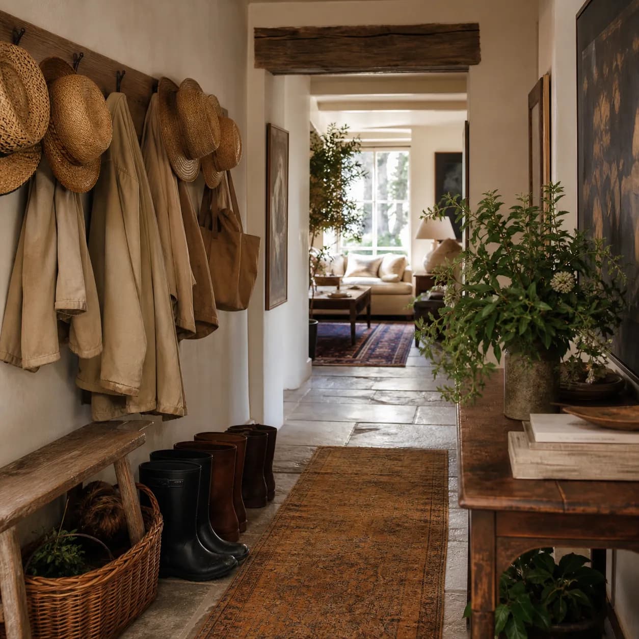 A farmhouse hallway detail: straw hats and canvas coats on a peg rail with boots below on a stone floor.