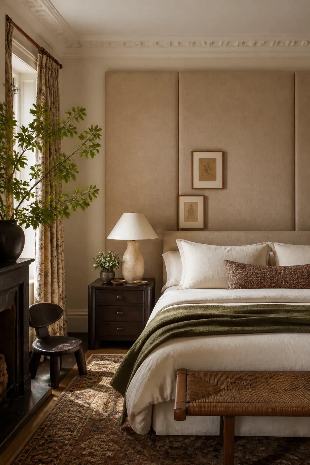 A serene bedroom with oat linen upholstered wall panels, sculptural plaster bedside lamps, a sage wool throw and small framed drawings above the headboard.