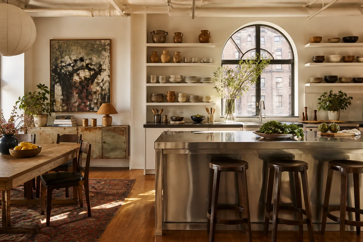 The loft kitchen: a stainless steel island, open shelves of ceramics and an arched window above the sink in morning light.