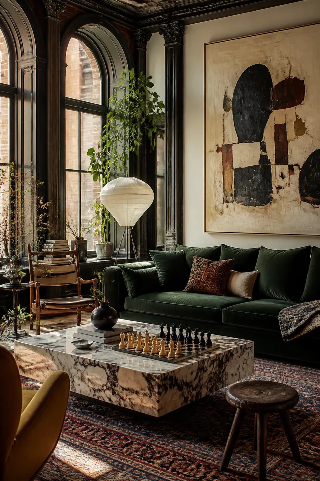 A cast-iron loft living space with tall arched windows, a deep green sofa, a large abstract canvas, a sculptural floor lamp and a chess set on a marble coffee table.