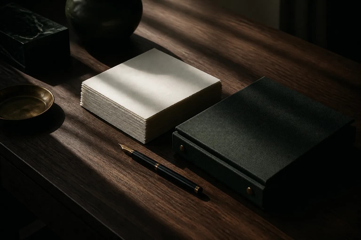 Squared stacks of cotton paper, a clothbound binder and a fountain pen on dark walnut