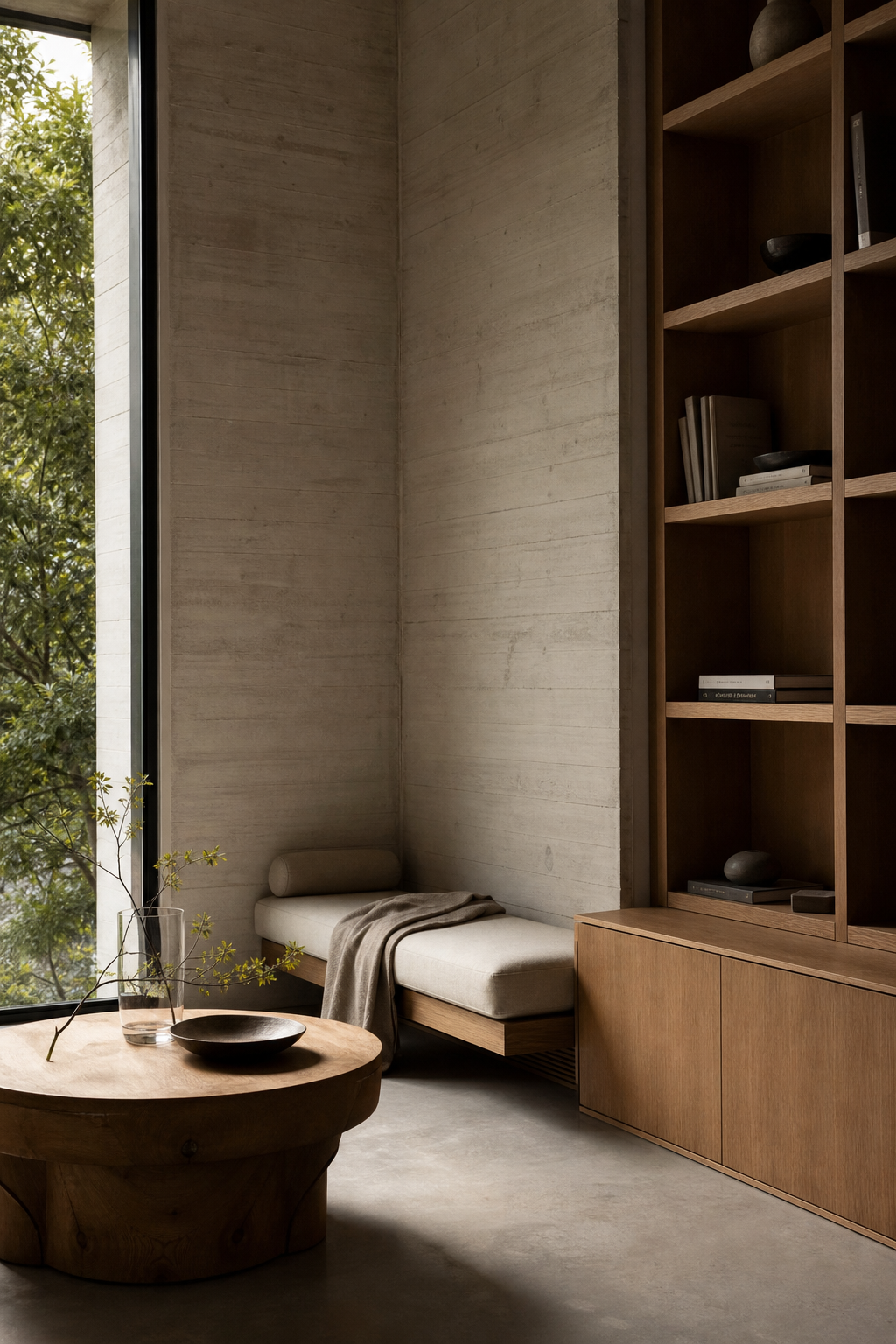 붙박이 목재 책장과 낮은 벤치가 놓인 조용한 실내 모서리에 부드러운 빛이 드는 세로 구성