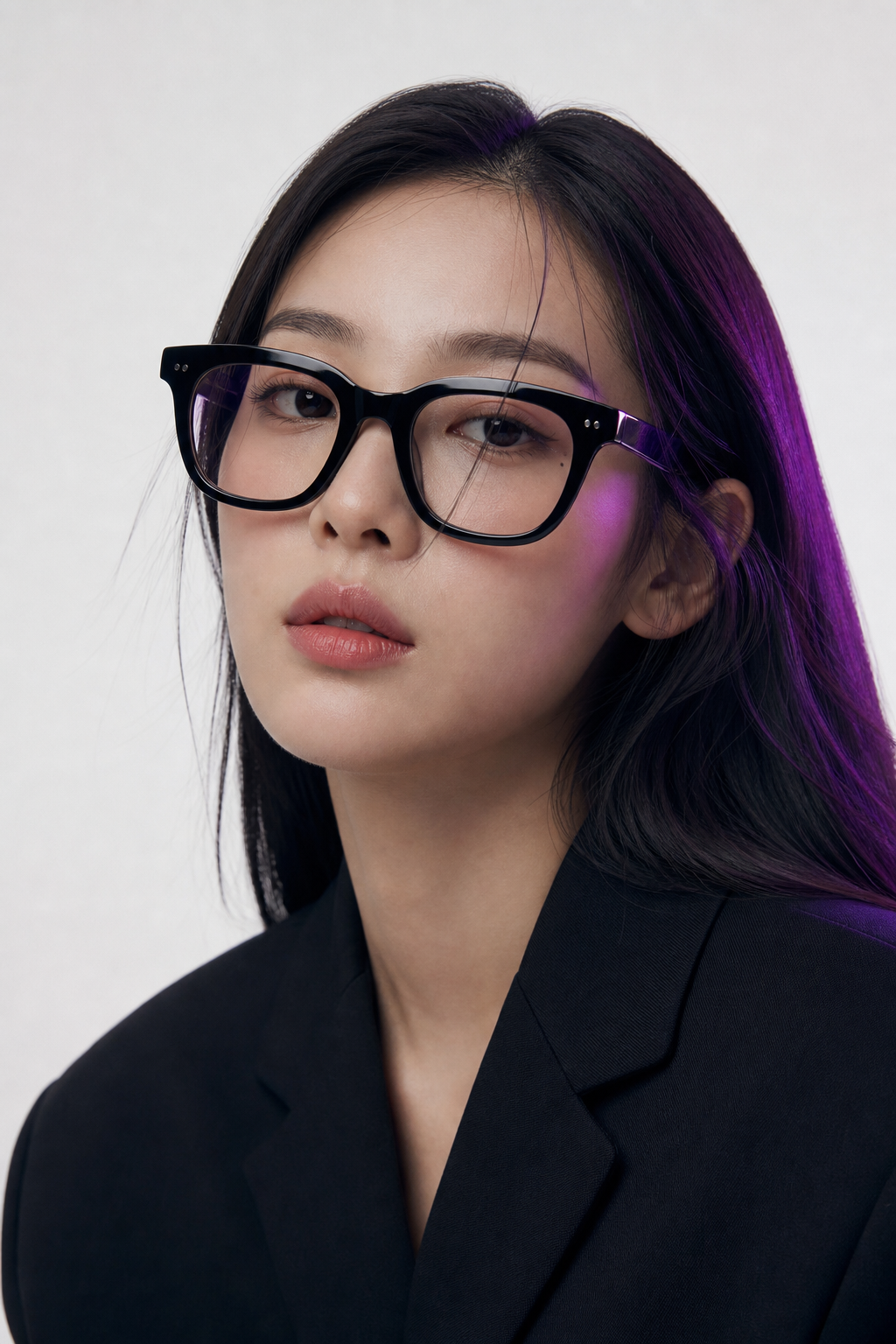 둥근 라인의 안경을 쓴 모델의 측면 스타일링 컷 — 차분한 톤의 오피스 룩 (분위기 연출용 모델 이미지)