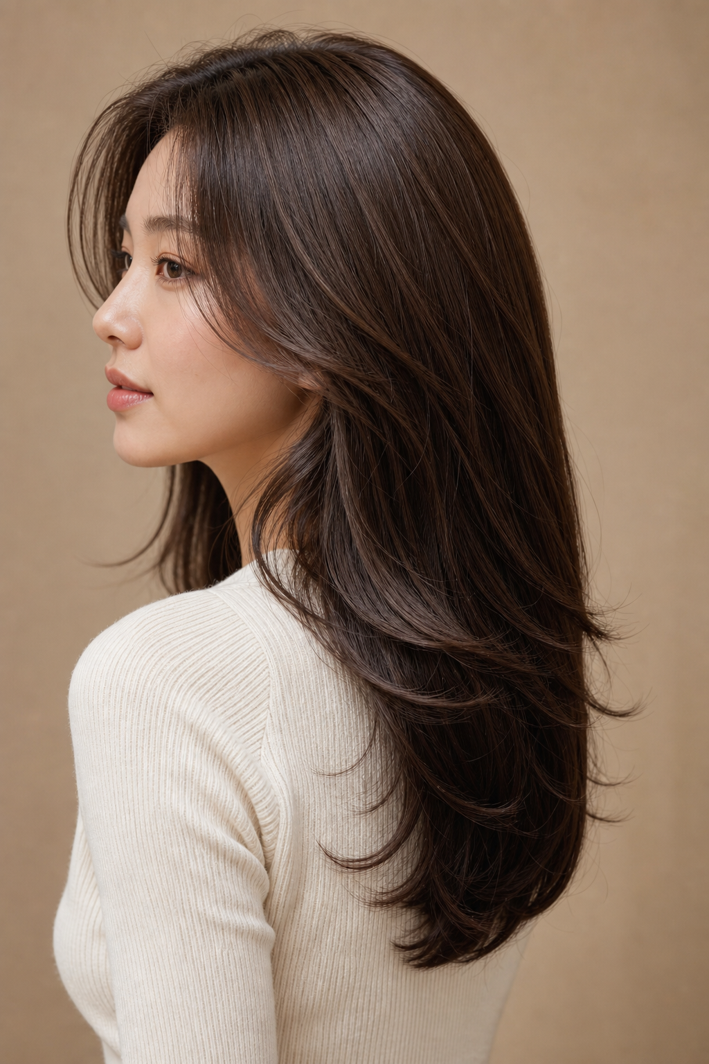 옆·뒤에서 본 윤기 흐르는 레이어드 헤어 — 흑백 에디토리얼 룩, 결의 흐름이 보이는 완성컷