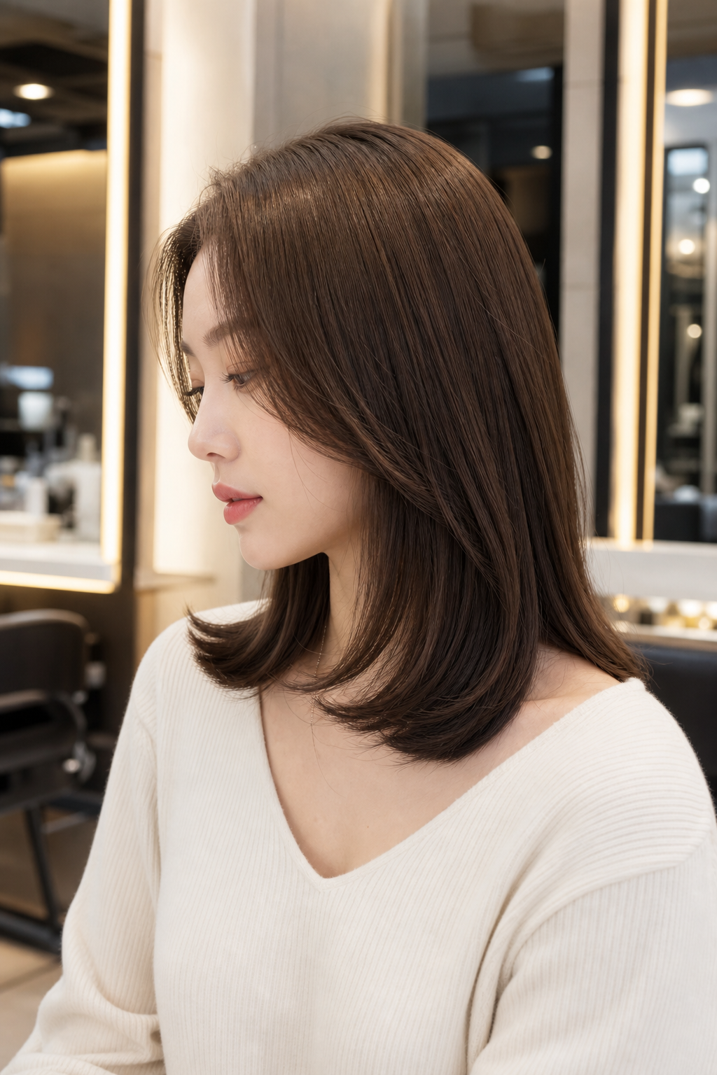 탈색 없이 톤만 내린 로우 브라운 글로스 컬러 — 흑백으로 본 결의 윤기