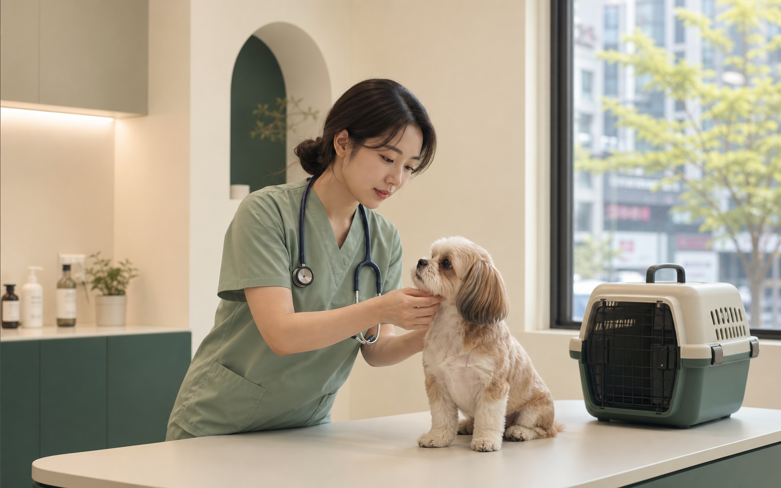 수의사의 손이 진료실에서 반려동물을 차분하게 살피는 따뜻한 장면