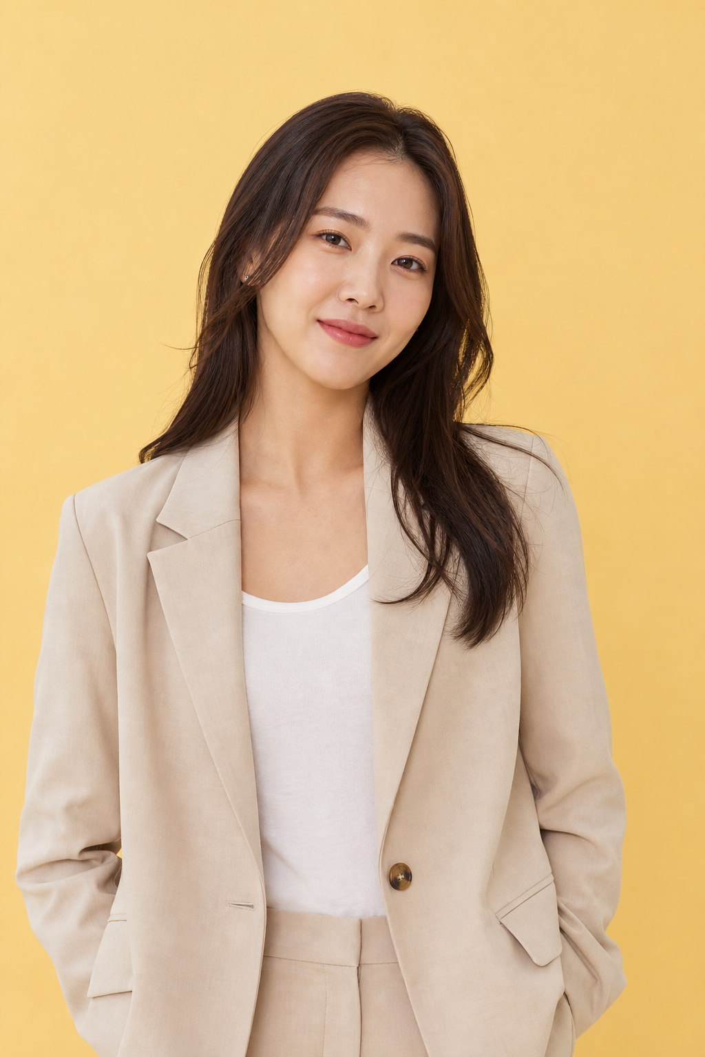 버터옐로 배경 앞에서 베이지 정장을 입고 선 여성의 프로필 사진