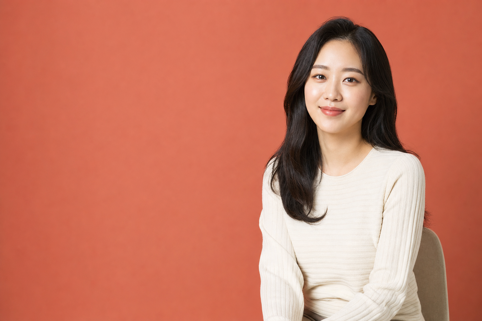 코랄 배경 앞에서 부드럽게 미소 짓는 여성의 프로필 사진