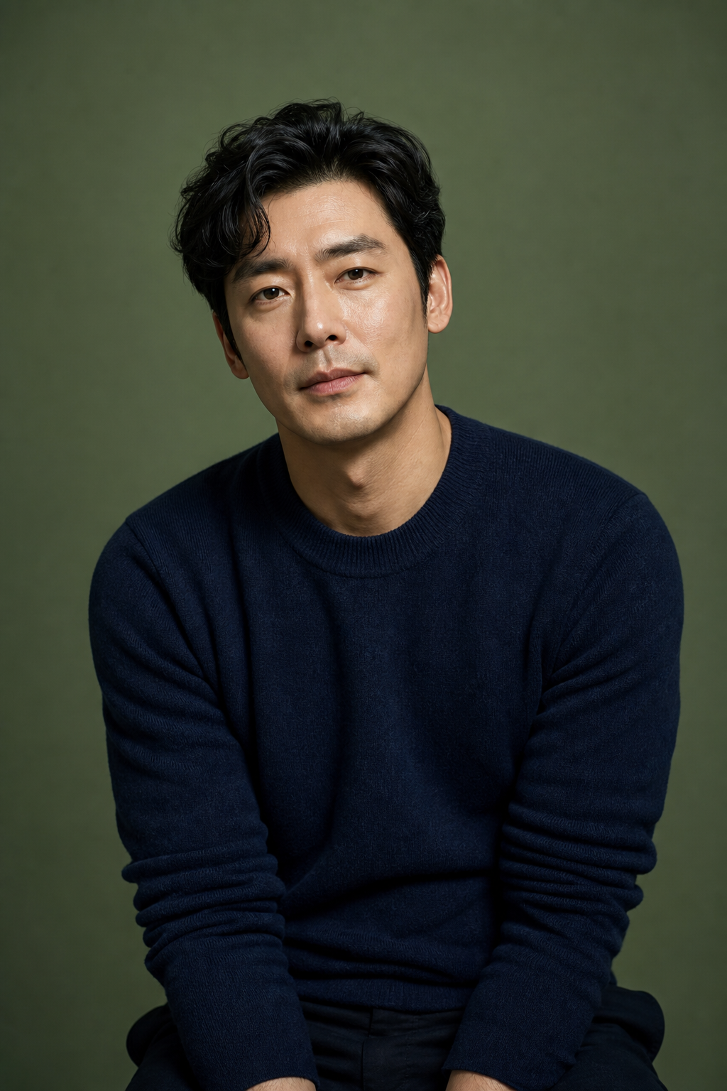 세이지그린 배경 앞에서 차분한 표정으로 앉은 남성의 프로필 사진