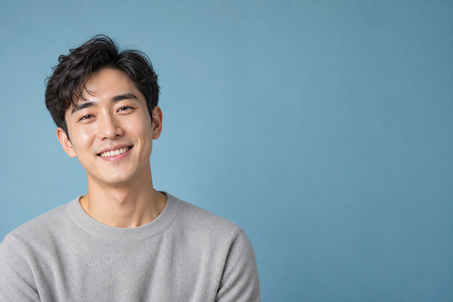 스카이블루 배경 앞에서 밝게 웃는 남성의 프로필 사진