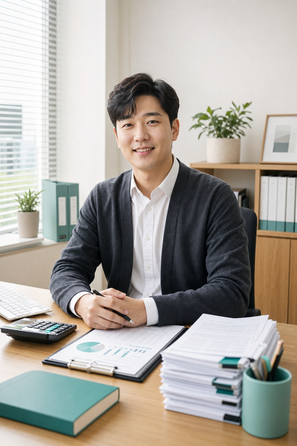 창가 책상 앞에 앉은 담당 세무사 — 상담을 마주하는 자리