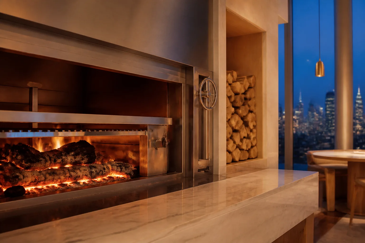 Oak logs burning down to glowing embers inside a brushed-steel hearth