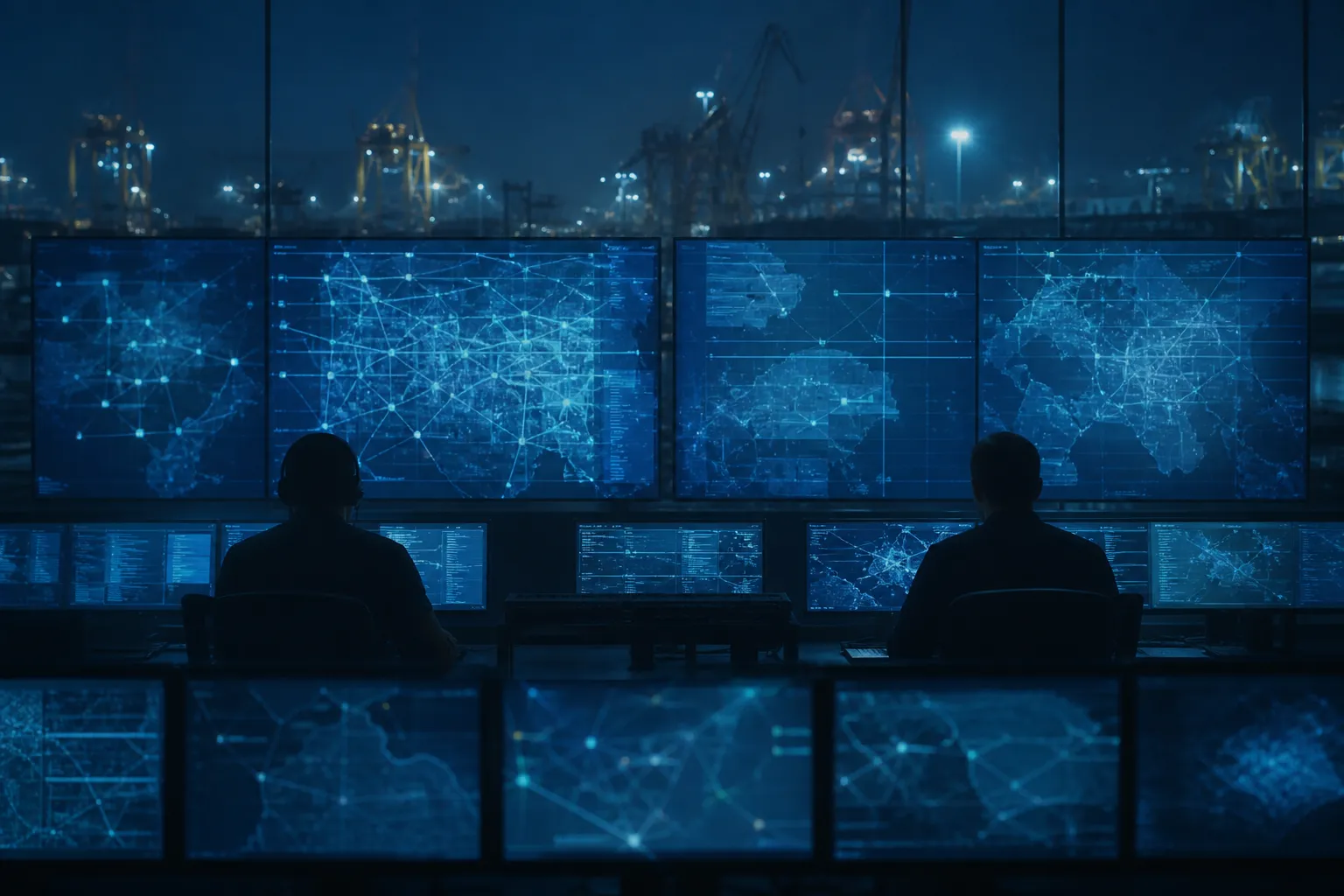 Logistics operations room at night, screens glowing cold against a dark navy room